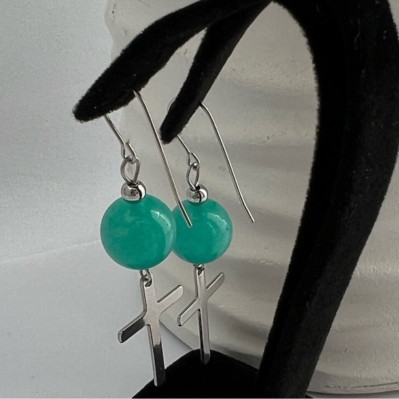 Jade Beaded Dangle Earrings with Cross Charms - Picture 7 of 12